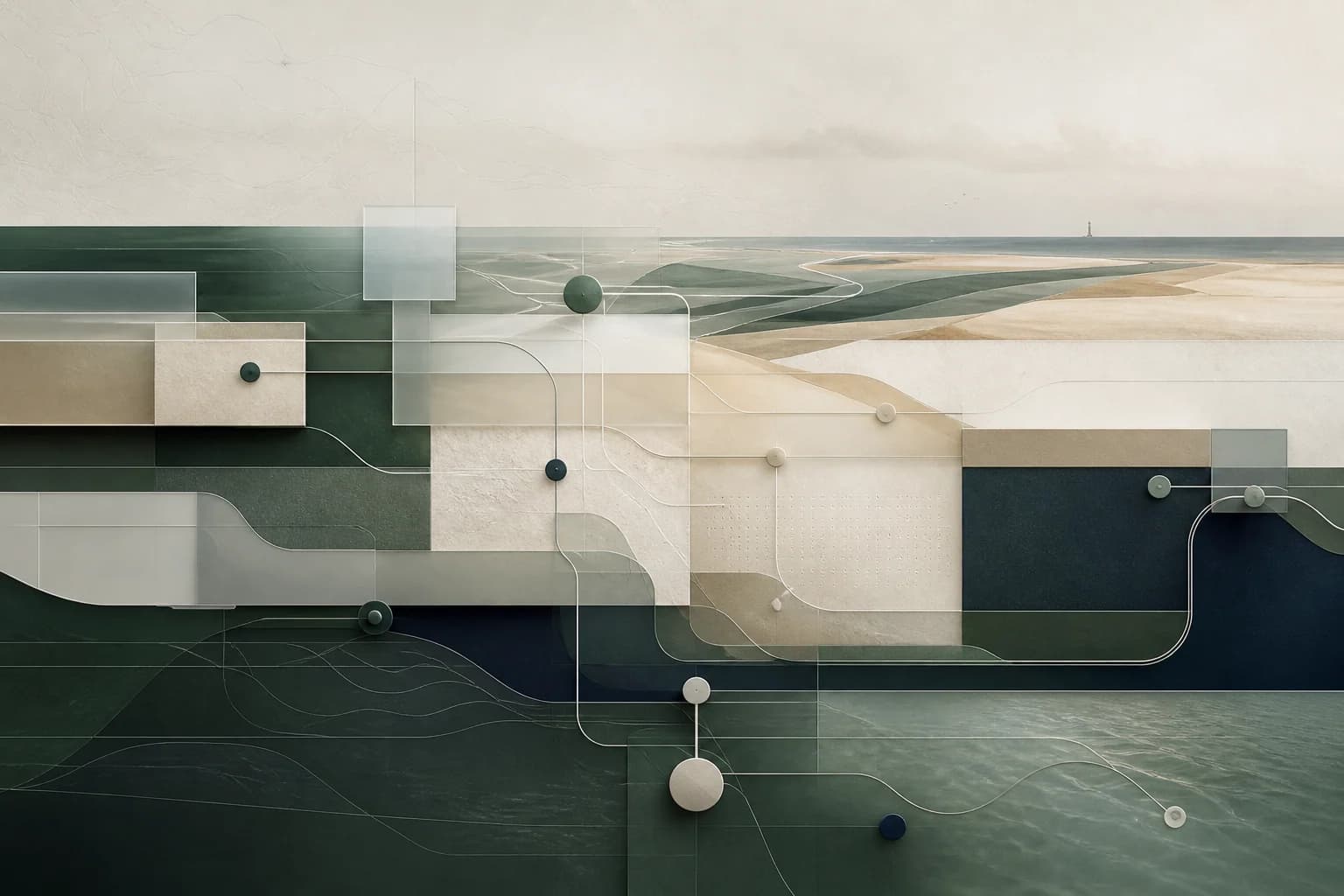 Abstrakte Systemlandschaft aus Modulen, Wegen und einer nordfriesischen Horizontlinie